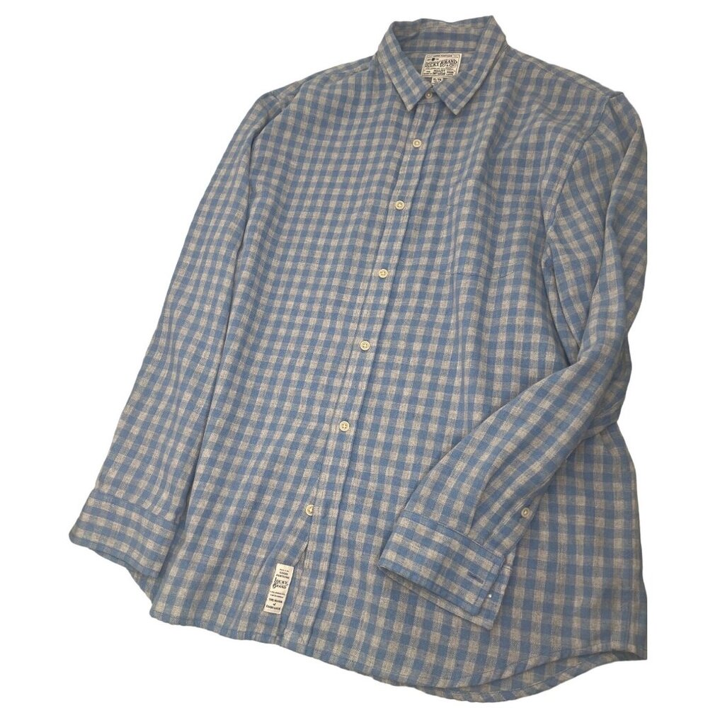The Lucky Brand Flannel Shirt Mens XL Gray Blue Plaid Y2K Button Up